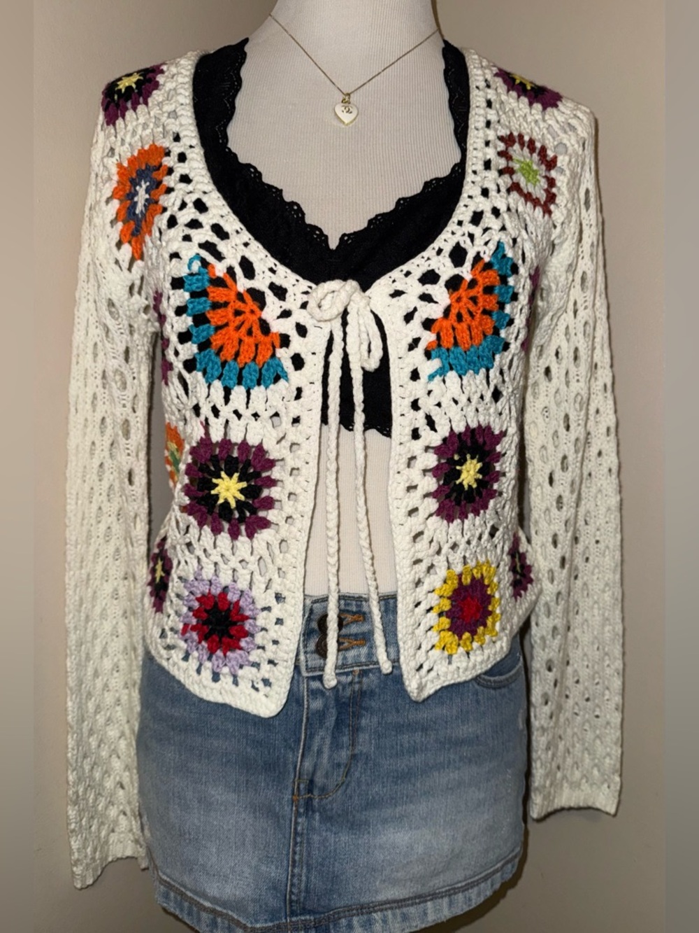 Luna Ivy Granny Square Crochet Cropped Sweater,Size-M;exclusive to Anthropologie